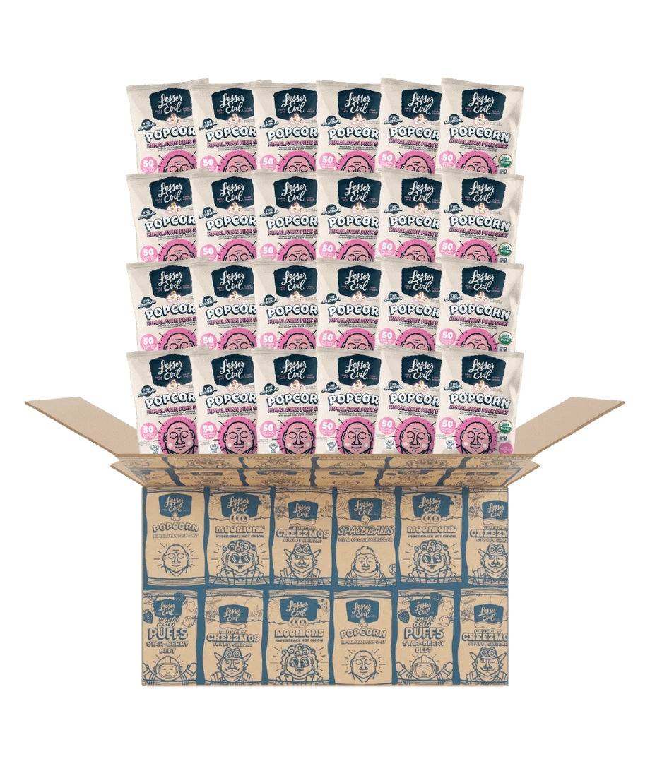 An open box shows 24 snack-sized bags of LesserEvil Snacks Himalayan Pink Salt Organic Popcorn, stacked neatly for ultimate convenience.
