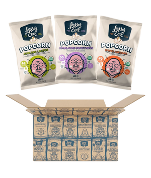 Three bags of LesserEvil Snacks The Classics Popcorn Box are displayed above an open box filled with individually packed popcorn bags.
