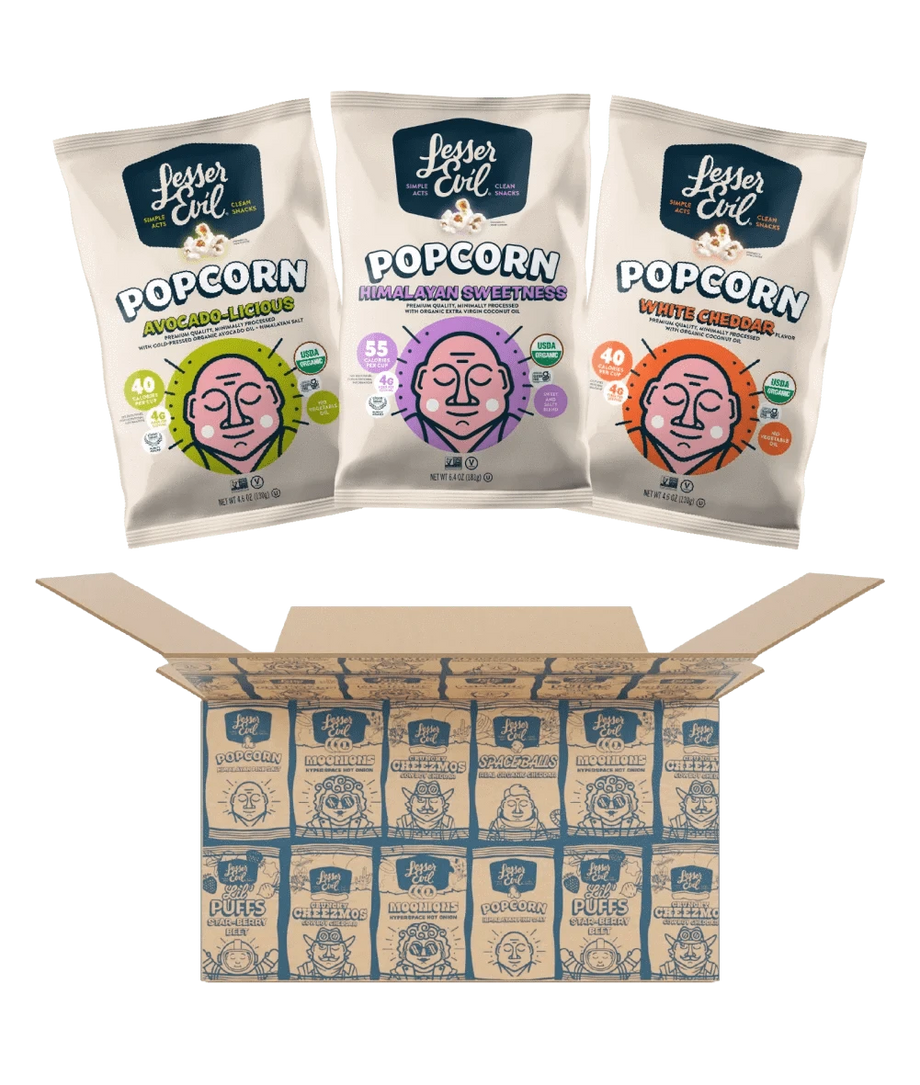 Three bags of LesserEvil Snacks The Classics Popcorn Box are displayed above an open box filled with individually packed popcorn bags.