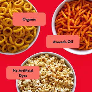 A Spicy Snacks Box by LesserEvil Snacks featuring Hot Onion Moonions and Blazin' Hot Cheddar Cheezmos bowls.