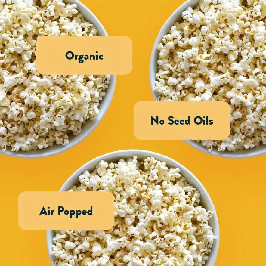 Three bowls of popcorn—Organic, No Seed Oils, Air Popped—inspired by LesserEvil Snacks Himalayan Gold Organic Popcorn 24 Pack, perfect for your next movie night.