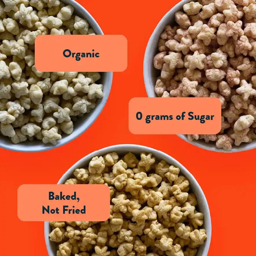 Three Stellas Stars Lil Puffs bowls—Sweet Potato Apple, Broccoli Cheddar, Star-berry Beet—by LesserEvil Snacks on orange background labeled Organic, 0g Sugar, Baked Not Fried.