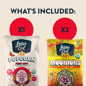 Level up your snack game with the A Little Spice Snacks Box by LesserEvil Snacks—includes 1 Fiery Hot Popcorn and 2 Hyperspace Hot Onion Moonions.