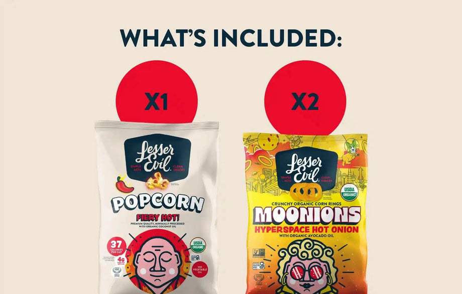 Level up your snack game with the A Little Spice Snacks Box by LesserEvil Snacks—includes 1 Fiery Hot Popcorn and 2 Hyperspace Hot Onion Moonions.