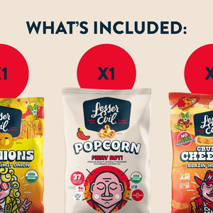 The LesserEvil Snacks Spicy Snacks Box features three fiery snacks, each marked with a red X1 above the packaging.