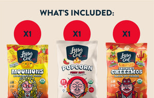The LesserEvil Snacks Spicy Snacks Box features three fiery snacks, each marked with a red X1 above the packaging.