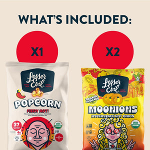 Whats Included: 2 bags of spicy snacks from LesserEvil Snacks A Little Spice Snacks Box—1 Fiery Hot Popcorn and 2 Hot Onion Moonions, each with a quantity circle.