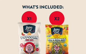 Whats Included: 2 bags of spicy snacks from LesserEvil Snacks A Little Spice Snacks Box—1 Fiery Hot Popcorn and 2 Hot Onion Moonions, each with a quantity circle.