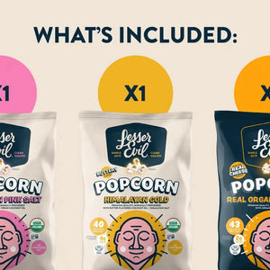 The Popcorn Best Sellers Box from LesserEvil Snacks includes Himalayan Pink Salt, Himalayan Gold, and Real Organic Cheddar Popcorn—each labeled X1 under “WHAT’S INCLUDED.”.