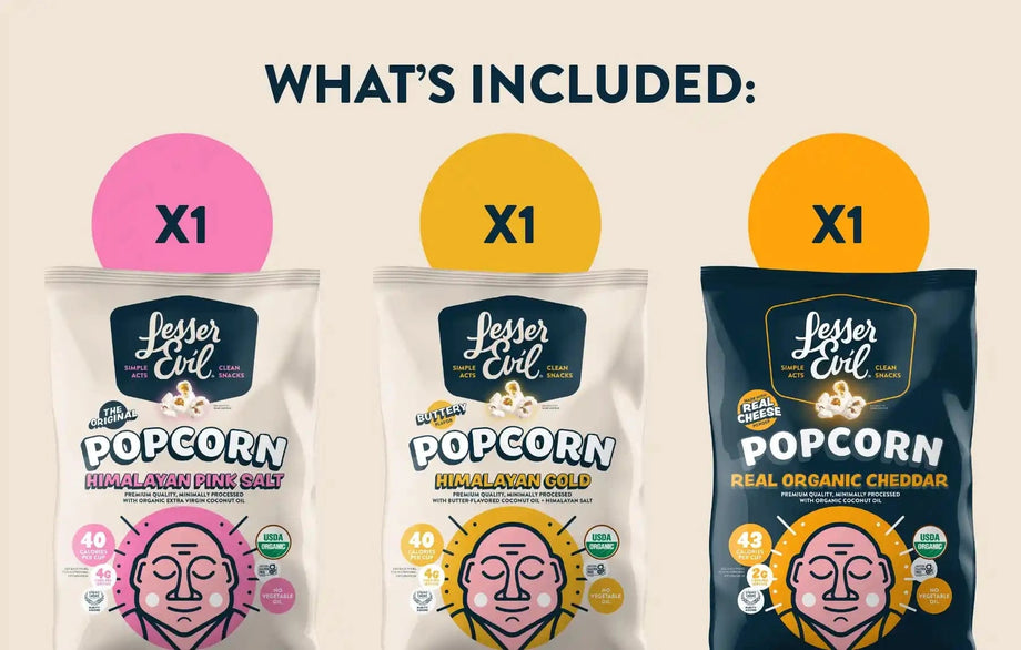 The Popcorn Best Sellers Box from LesserEvil Snacks includes Himalayan Pink Salt, Himalayan Gold, and Real Organic Cheddar Popcorn—each labeled X1 under “WHAT’S INCLUDED.”.