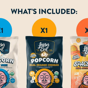 The Dairy Good Snacks Box by LesserEvil Snacks includes: X1 Oh My Ghee Popcorn, X1 Real Organic Cheddar Popcorn, and X1 Space Balls (Real Organic Cheddar).