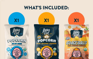 The Dairy Good Snacks Box by LesserEvil Snacks includes: X1 Oh My Ghee Popcorn, X1 Real Organic Cheddar Popcorn, and X1 Space Balls (Real Organic Cheddar).