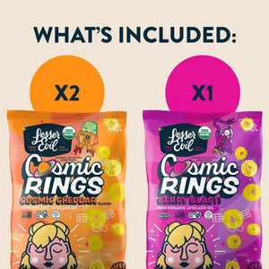 Great for snack time, the Dotties Delights Cosmic Rings Box by LesserEvil Snacks includes 2 Cosmic Cheddar Rings and 1 Berry Blast Cosmic Rings under WHATS INCLUDED: X2 X1.