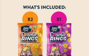 Great for snack time, the Dotties Delights Cosmic Rings Box by LesserEvil Snacks includes 2 Cosmic Cheddar Rings and 1 Berry Blast Cosmic Rings under WHATS INCLUDED: X2 X1.
