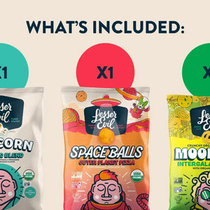 Three bags of LesserEvil Snacks—Homer’s Blend Popcorn, Outer Planet Pizza Space Balls, and Intergalactic Onion Moonions—are in the Flavor-FULL Snacks Box under “What’s Included: x1” each.