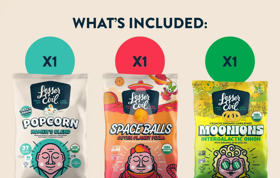 Three bags of LesserEvil Snacks—Homer’s Blend Popcorn, Outer Planet Pizza Space Balls, and Intergalactic Onion Moonions—are in the Flavor-FULL Snacks Box under “What’s Included: x1” each.