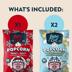 The Holiday Popcorn Box from LesserEvil Snacks includes one sweet & salty red bag and two white chocolate marshmallow blue bags with holiday flavors.