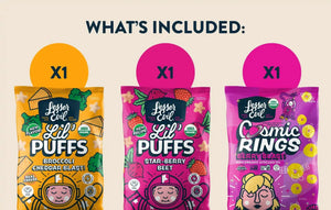 The Lil Favorites Kids Snacks Box by LesserEvil Snacks includes Broccoli Cheddar Blast Lil’ Puffs, Star-Berry Beet Lil’ Puffs, and Berry Blast Cosmic Rings.