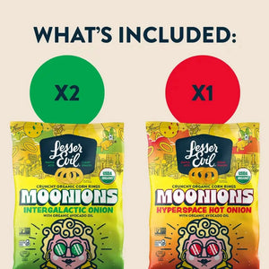 WHAT’S INCLUDED: Two tasty varieties—Intergalactic Onion and Hyperspace Hot Onion—in the LesserEvil Snacks Rheas Recos Moonions Box.