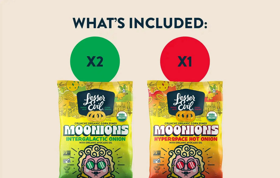 WHAT’S INCLUDED: Two tasty varieties—Intergalactic Onion and Hyperspace Hot Onion—in the LesserEvil Snacks Rheas Recos Moonions Box.