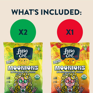 What’s Included: Rheas Recos Moonions Box by LesserEvil Snacks—2 bags: Intergalactic Onion Moonions (green) & Hyperspace Hot Onion Moonions (red).