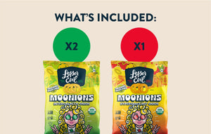 What’s Included: Rheas Recos Moonions Box by LesserEvil Snacks—2 bags: Intergalactic Onion Moonions (green) & Hyperspace Hot Onion Moonions (red).