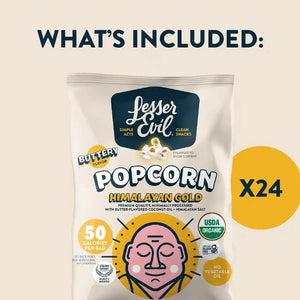 A 24-pack of LesserEvil Snacks Himalayan Gold Organic Popcorn is shown with 50 calories per bag, organic and non-GMO labels—perfect for movie night.