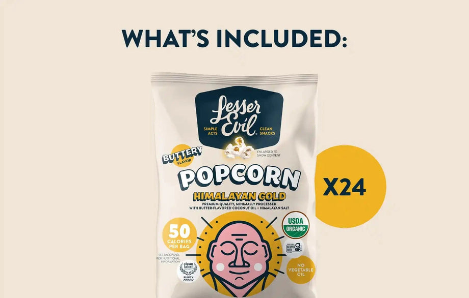 A 24-pack of LesserEvil Snacks Himalayan Gold Organic Popcorn is shown with 50 calories per bag, organic and non-GMO labels—perfect for movie night.