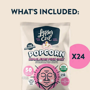 A 24-pack of LesserEvil Snacks Himalayan Pink Salt Organic Popcorn—USDA Organic, 50 calories per pack, each with a cheerful cartoon face.