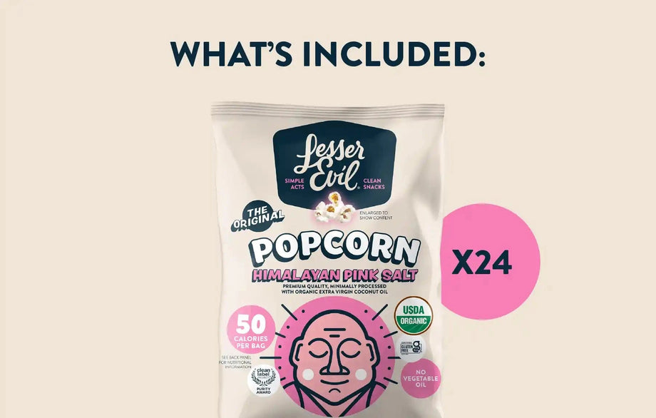 A 24-pack of LesserEvil Snacks Himalayan Pink Salt Organic Popcorn—USDA Organic, 50 calories per pack, each with a cheerful cartoon face.