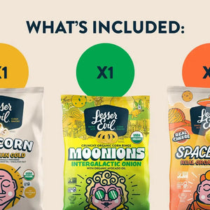 Snacktime Box by LesserEvil Snacks: includes Intergalactic Onion Moonions, Organic Cheddar Space Balls, and Himalayan Gold Popcorn (X1 each).