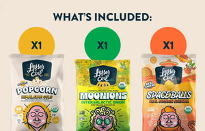 Snacktime Box by LesserEvil Snacks: includes Intergalactic Onion Moonions, Organic Cheddar Space Balls, and Himalayan Gold Popcorn (X1 each).