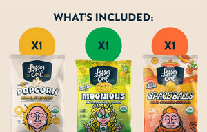 The LesserEvil Snacks Snacktime Box features three snack bags, each with a cartoon character and an “X1” label above.