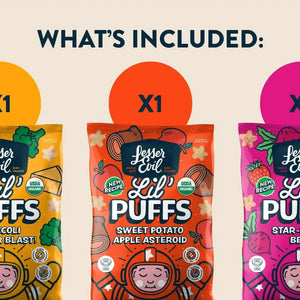 The Stellas Stars Lil Puffs Box by LesserEvil Snacks includes one bag each of Broccoli Cheddar Blast, Sweet Potato Apple Asteroid, and Star-berry Beet Lil Puffs.