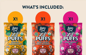 The Stellas Stars Lil Puffs Box by LesserEvil Snacks includes one bag each of Broccoli Cheddar Blast, Sweet Potato Apple Asteroid, and Star-berry Beet Lil Puffs.