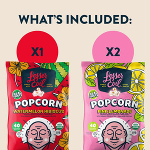 The Sweet Summer Box by LesserEvil Snacks includes one Watermelon Hibiscus Popcorn and two Pink Lemonade Popcorn, shown under WHATS INCLUDED: X1, X2 on a light background.