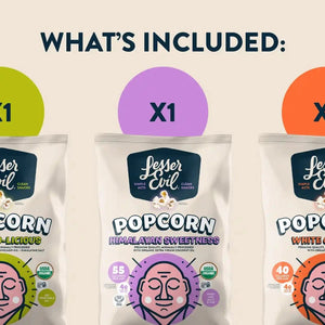 The Classics Popcorn Box by LesserEvil Snacks includes one bag each of Avocado-licious, Himalayan Sweetness, and White Cheddar Flavor popcorn.