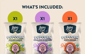 The Classics Popcorn Box by LesserEvil Snacks includes one bag each of Avocado-licious, Himalayan Sweetness, and White Cheddar Flavor popcorn.