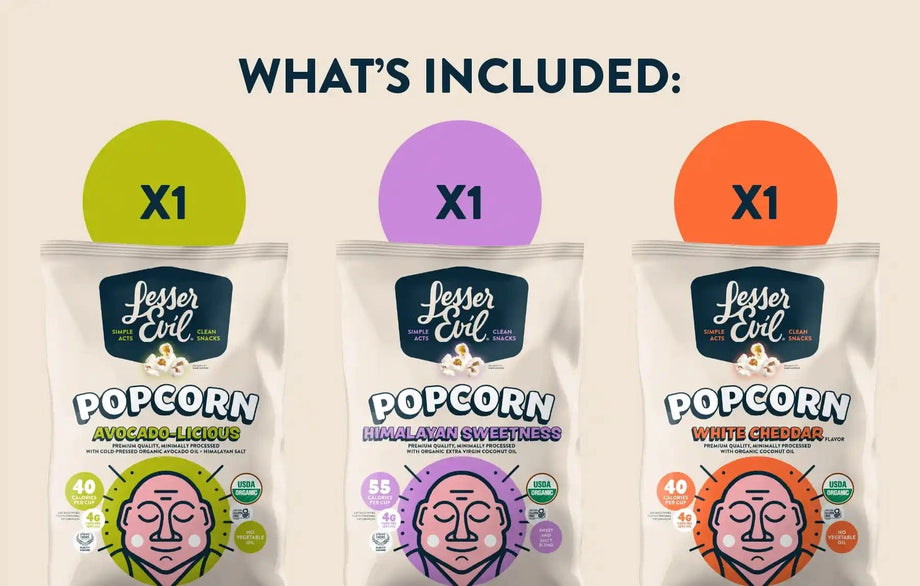 The Classics Popcorn Box by LesserEvil Snacks includes one bag each of Avocado-licious, Himalayan Sweetness, and White Cheddar Flavor popcorn.