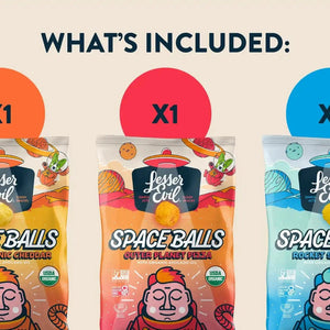 Three bags of LesserEvil Snacks Ziggys Stars Space Balls Box, each labeled with an X1 above them: Cheddar, Pizza, and Ranch flavors.