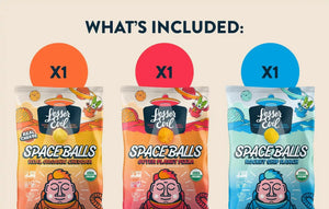 Three bags of LesserEvil Snacks Ziggys Stars Space Balls Box, each labeled with an X1 above them: Cheddar, Pizza, and Ranch flavors.