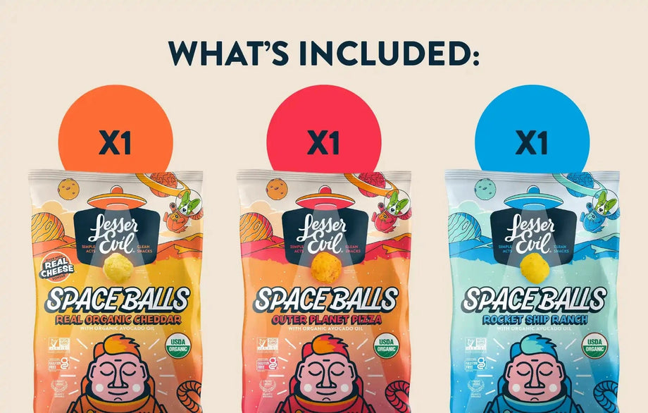 Three bags of LesserEvil Snacks Ziggys Stars Space Balls Box, each labeled with an X1 above them: Cheddar, Pizza, and Ranch flavors.