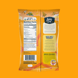Back of a LesserEvil Cowboy Cheddar Cheezmos bag with nutrition facts, branding, and interstellar flavor on a bright orange background featuring trees, snowflakes, and a cartoon character.