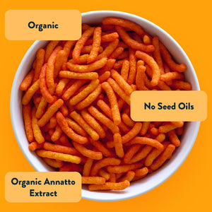 A bowl of LesserEvil Cowboy Cheddar Cheezmos on an orange background, labeled: Organic, No Seed Oils, Organic Annatto Extract—out-of-this-world flavor.