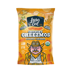 A bag of LesserEvil Cowboy Cheddar Cheezmos cheese puffs, featuring a cartoon cowboy and orange snacks, for out-of-this-world snacking.