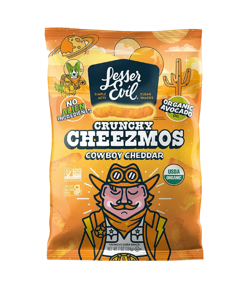 Grab a bag of LesserEvil Cowboy Cheddar Cheezmos—organic, gluten-free snacks made with avocado oil, featuring cheesy cowboy fun and interstellar flavor for your next snacking mission.