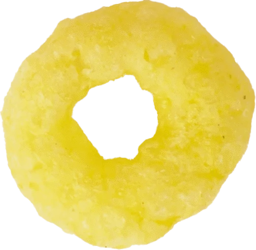 A bright yellow, round, ring-shaped potato chip snack with a puffy texture and a large hole in the center, viewed from above against a white background.