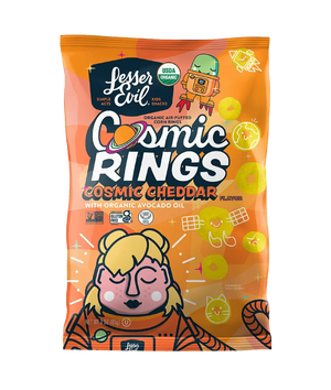 A bright orange bag of LesserEvil Cosmic Cheddar Cosmic Rings vegan snacks features space-themed graphics and a cartoon astronaut with cheese rings.
