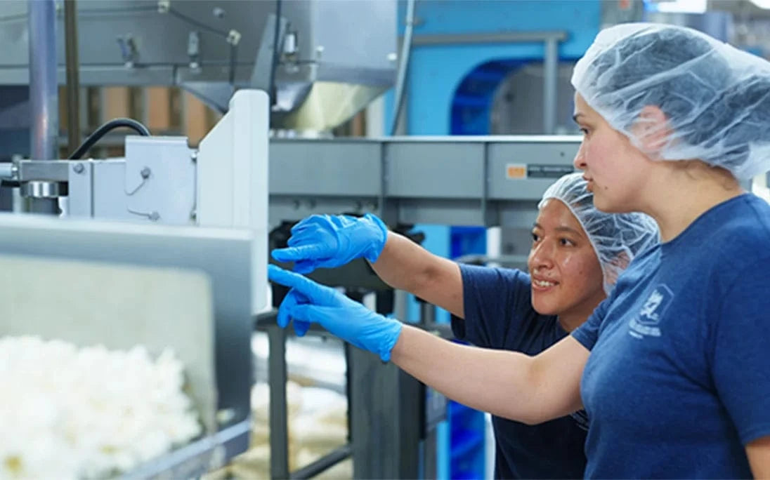 Two workers in hairnets and blue gloves operate machinery in a food processing facility, with one pointing at a control panel.