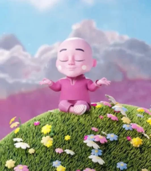 A cartoon character with closed eyes meditates peacefully on a grassy hill covered in colorful flowers, with a bright, cloudy sky in the background.